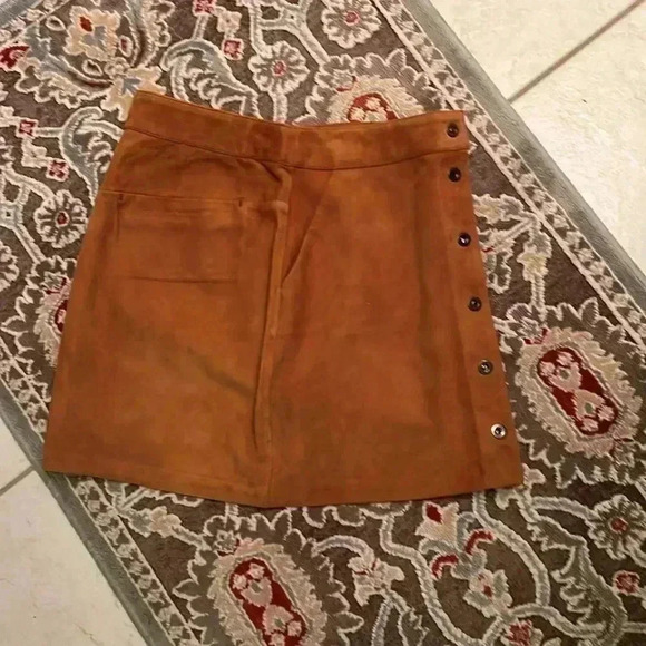 Frame Goat Leather Suede Mini Skirt Camel Snap sz 28 caramel O style LWLT0246 - Picture 6 of 10